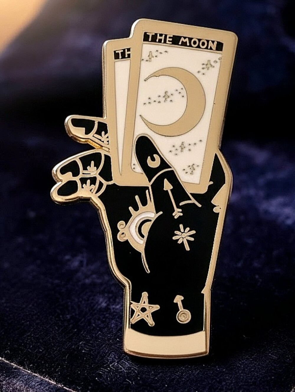 "The Moon" Tarot Hand Enamel Pin Witchy Occult Celestial Black Gold Lapel Brooch